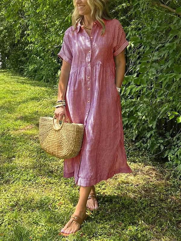 🌸Spring Sale-49% Off💃Striped Lapel Button Down Shirt Dress | With Functional Pockets