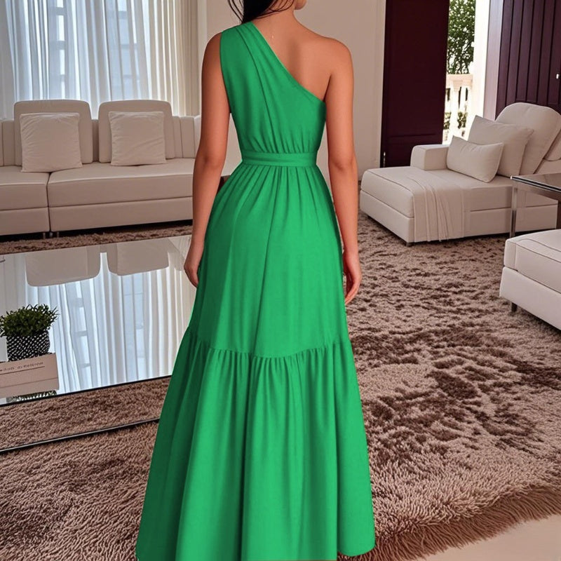 💖Summer New Arrivals 💐Specials⏰Stylish Solid Color One-Shoulder Ruched Waist Long Dress