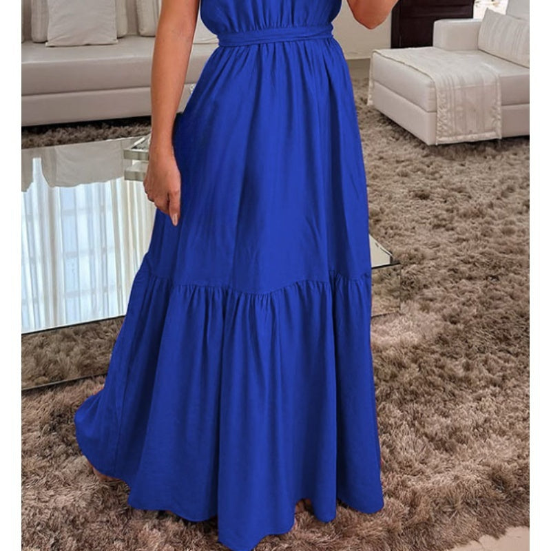 💖Summer New Arrivals 💐Specials⏰Stylish Solid Color One-Shoulder Ruched Waist Long Dress