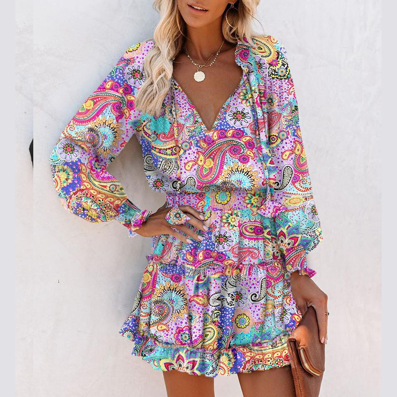 🎁2026 New Arrivals 50% OFF🌸 Women's V-Neck Long Sleeve Ruffle Hem Mini Dress