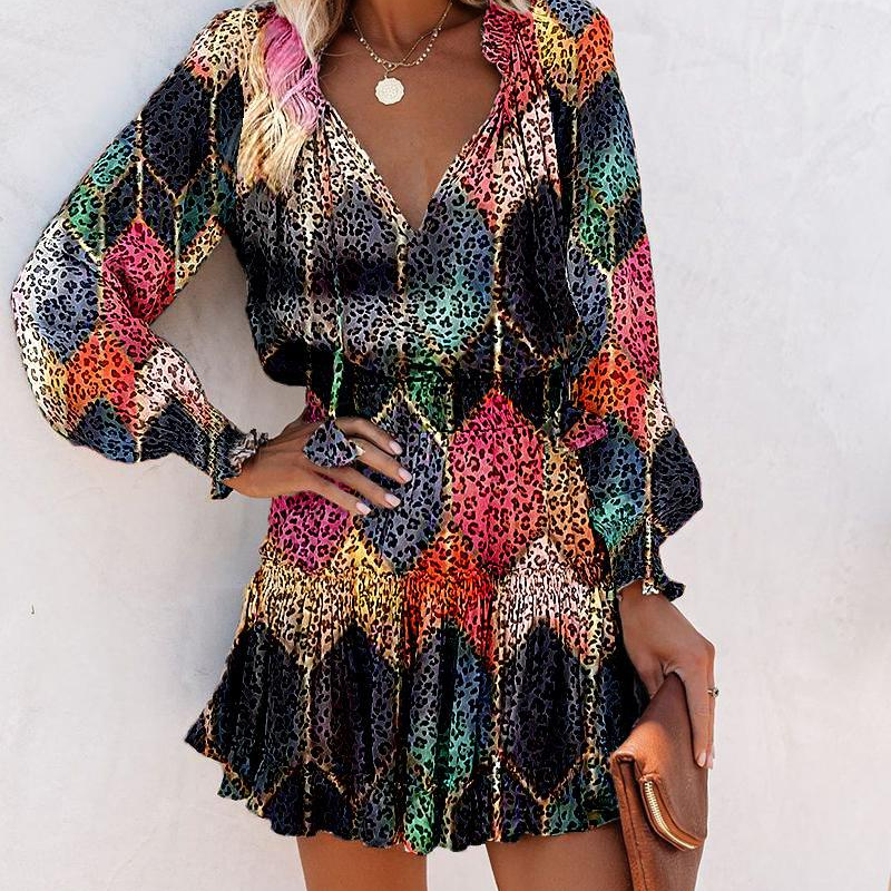 🎁2026 New Arrivals 50% OFF🌸 Women's V-Neck Long Sleeve Ruffle Hem Mini Dress