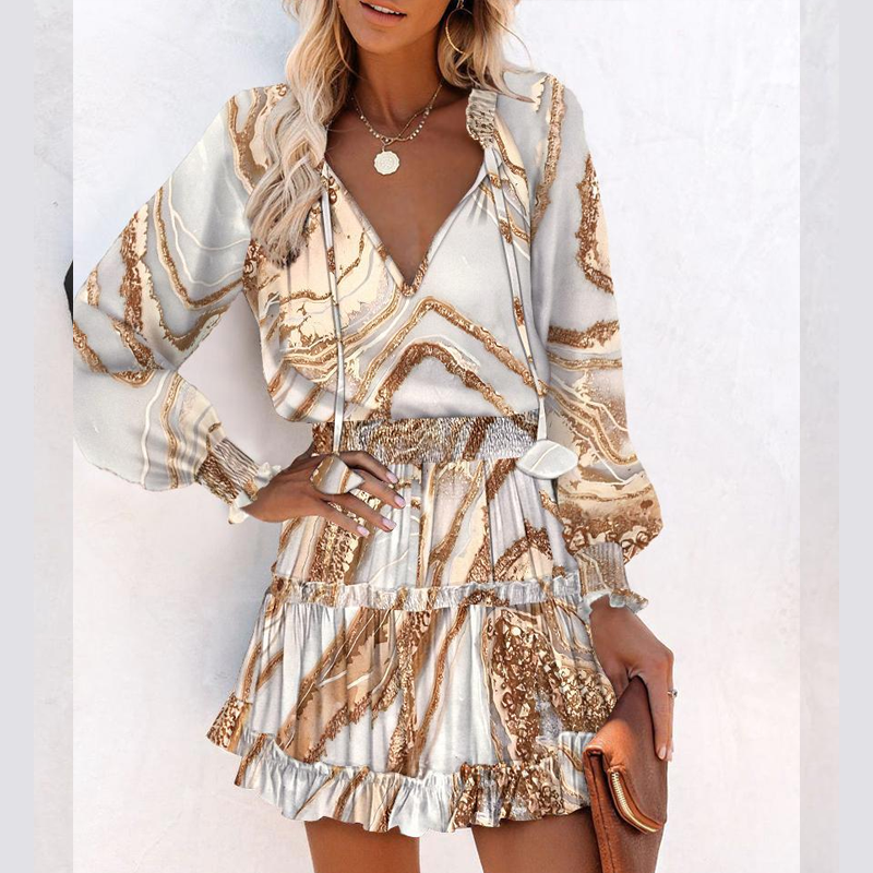 🎁2026 New Arrivals 50% OFF🌸 Women's V-Neck Long Sleeve Ruffle Hem Mini Dress