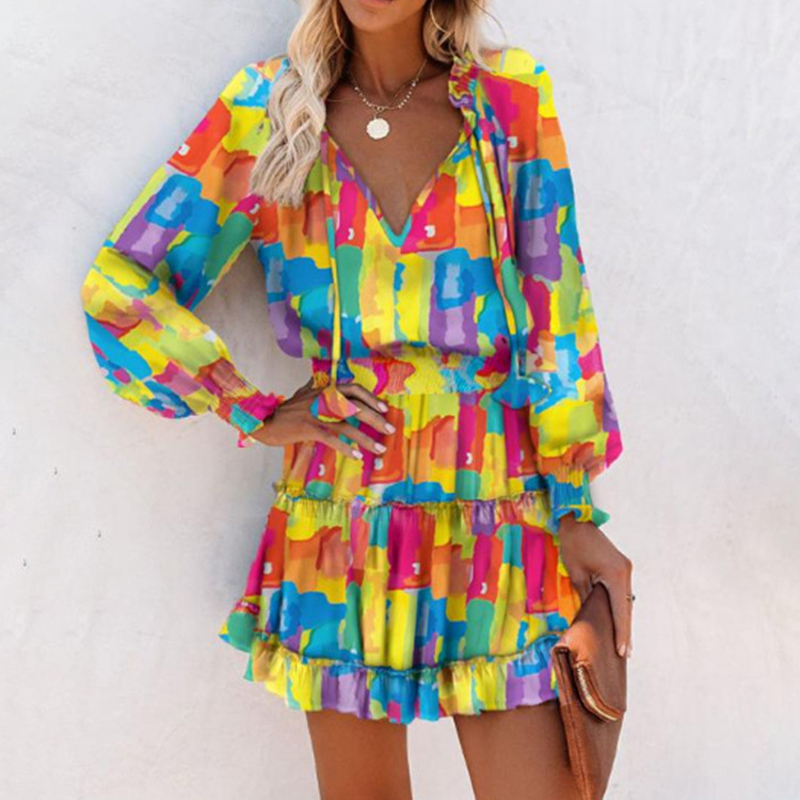 🎁2026 New Arrivals 50% OFF🌸 Women's V-Neck Long Sleeve Ruffle Hem Mini Dress