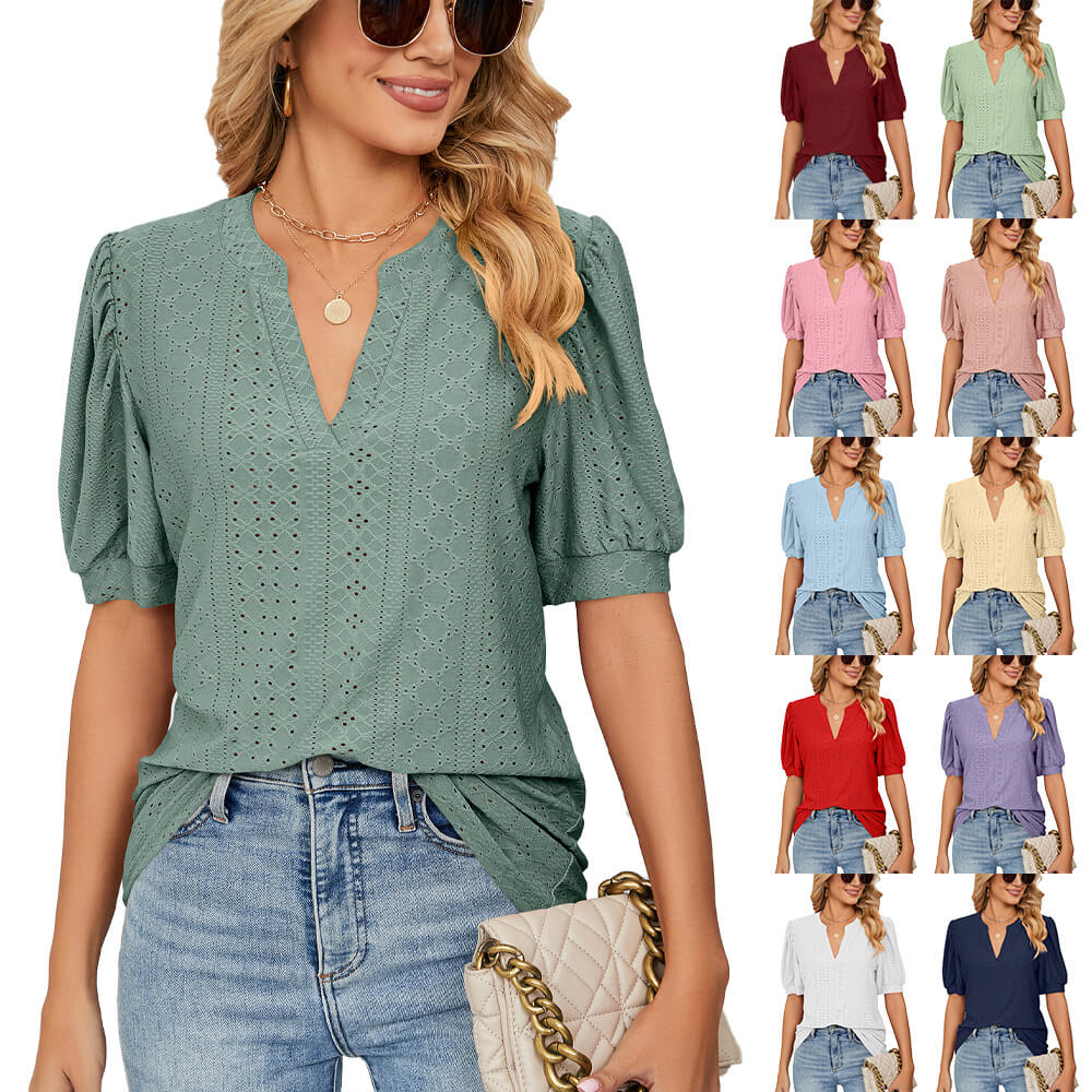 📢📢49% OFF !!!⏰Loose Solid Color T-Shirt Top with Hollow Bubble Sleeves