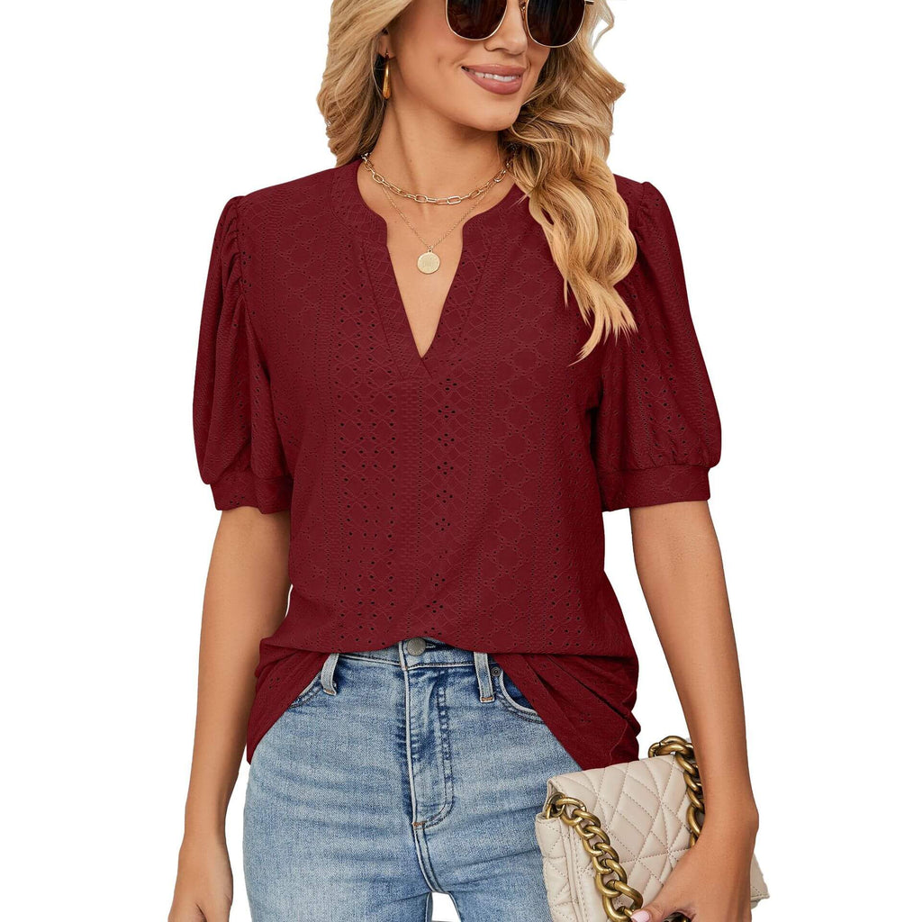 📢📢49% OFF !!!⏰Loose Solid Color T-Shirt Top with Hollow Bubble Sleeves