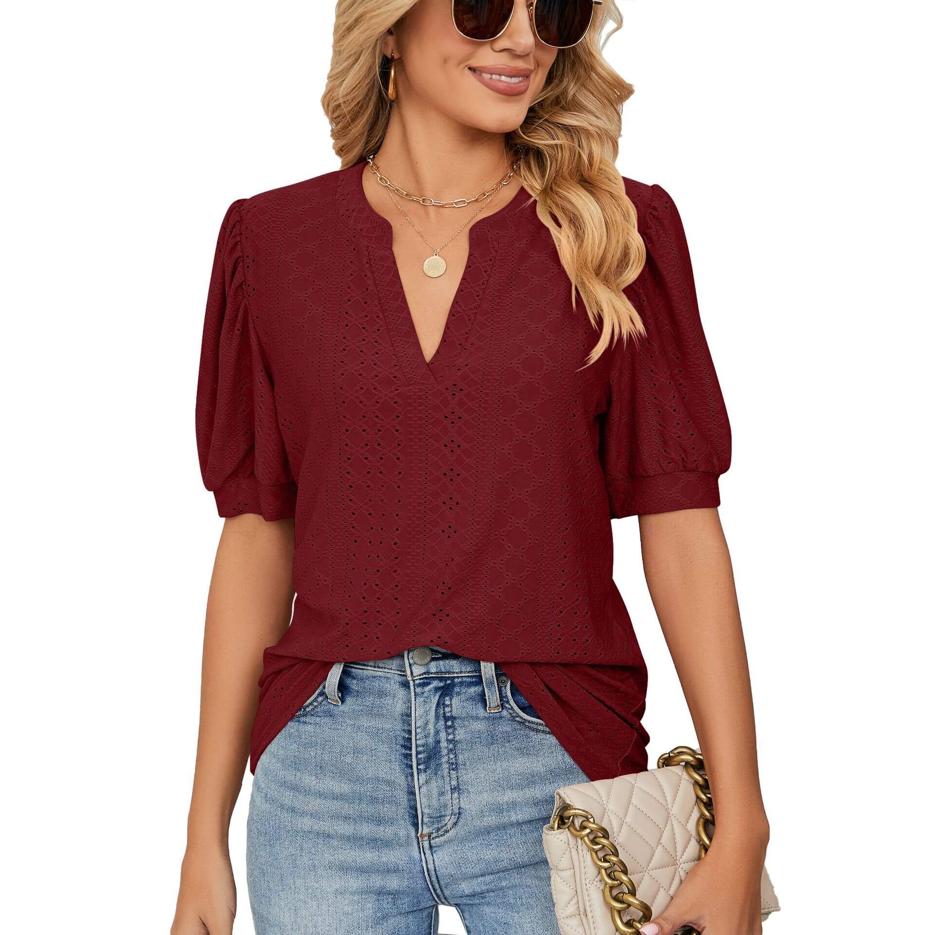📢📢49% OFF !!!⏰Loose Solid Color T-Shirt Top with Hollow Bubble Sleeves
