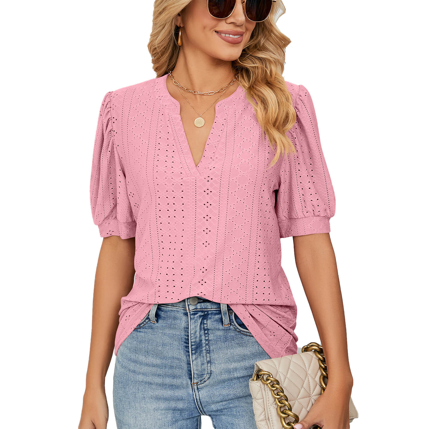 📢📢49% OFF !!!⏰Loose Solid Color T-Shirt Top with Hollow Bubble Sleeves