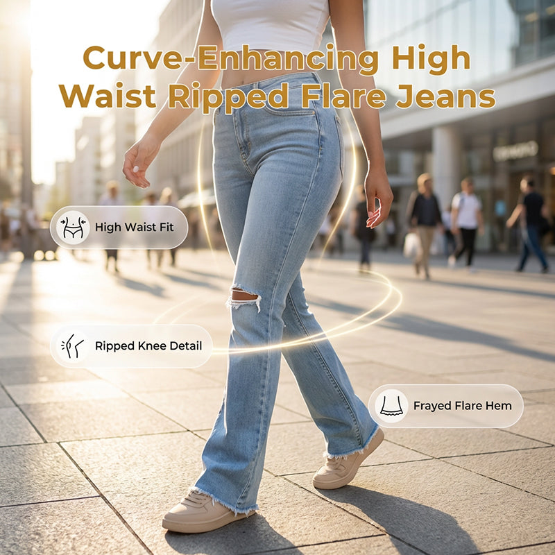 Curve-Enhancing High Waist Ripped Flare Jeans