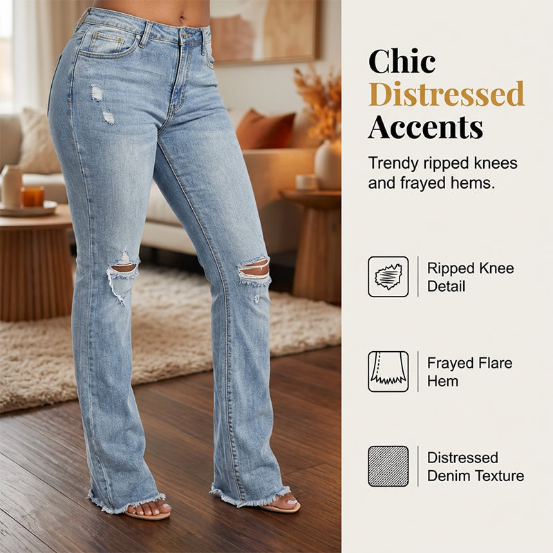 Curve-Enhancing High Waist Ripped Flare Jeans