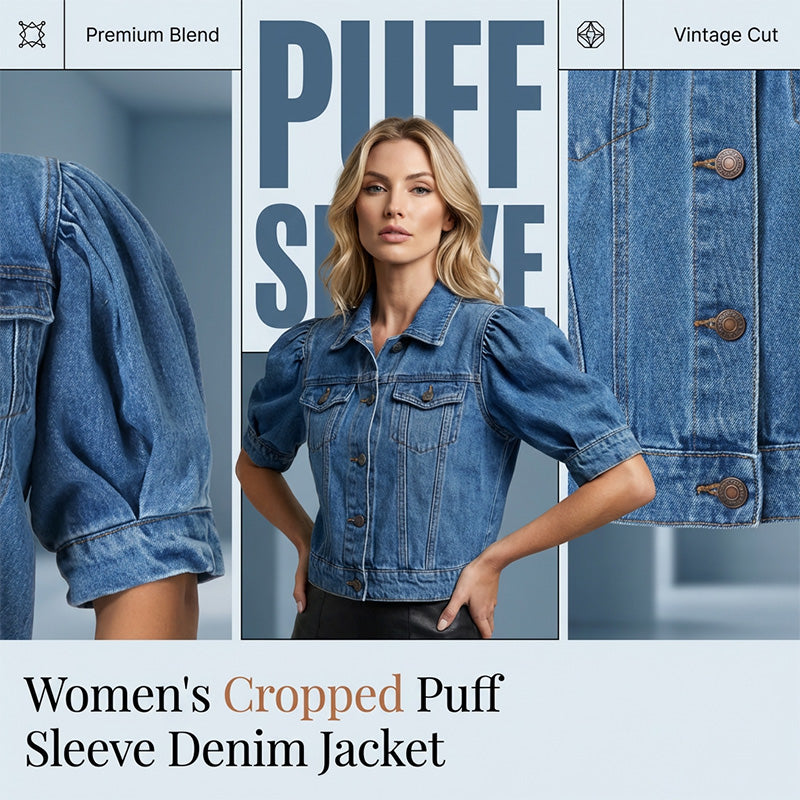 🧥 49% OFF NOW! ✨Women's Puff Short Sleeve Cropped Denim Jacket