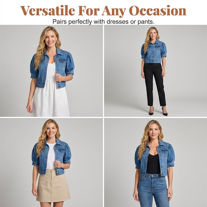 🧥 49% OFF NOW! ✨Women's Puff Short Sleeve Cropped Denim Jacket