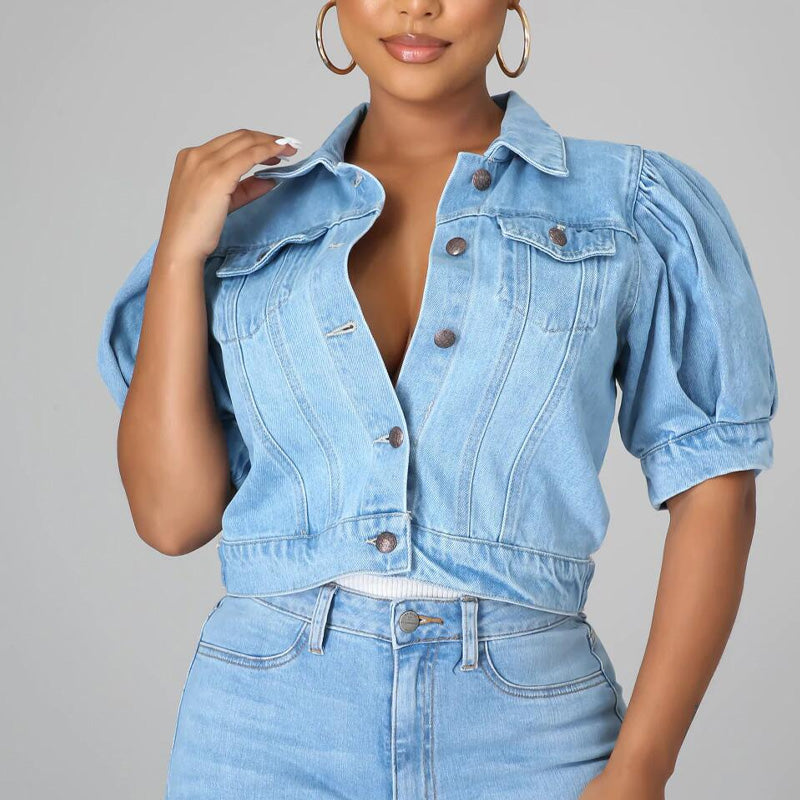 🧥 49% OFF NOW! ✨Women's Puff Short Sleeve Cropped Denim Jacket