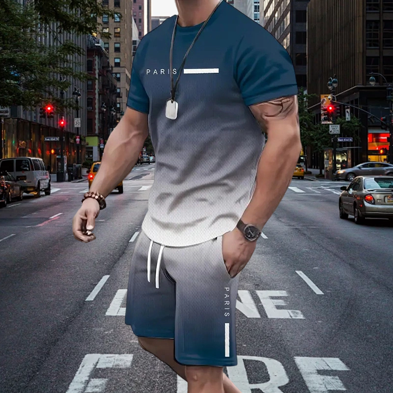 🌈 LIMITED-TIME 50% OFF! 👕 Men's Gradient Color 2-Piece Set – T-Shirt & Shorts, Breathable, Relaxed Fit 🩳