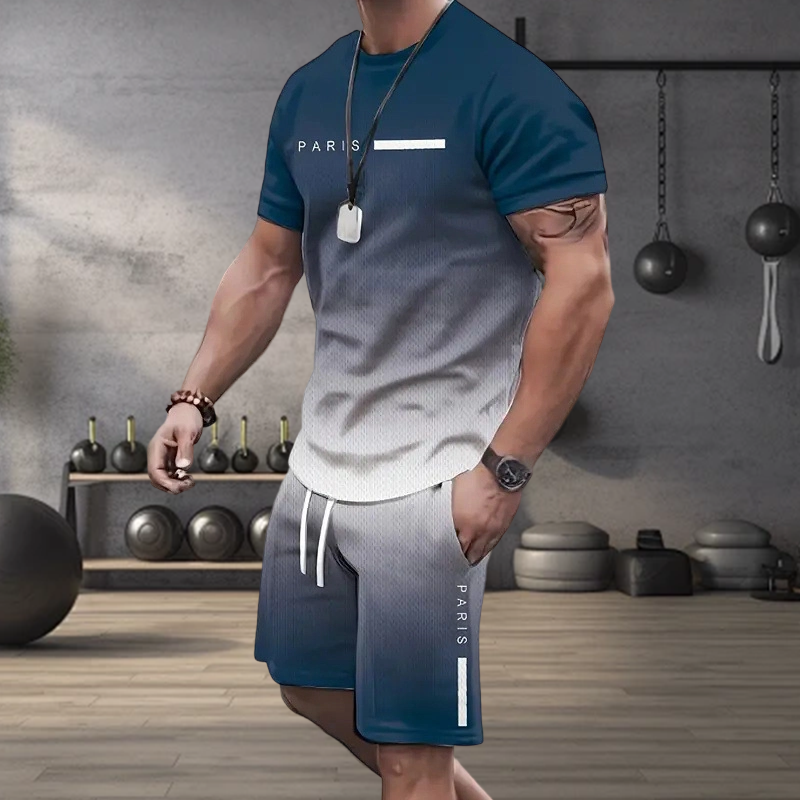 🌈 LIMITED-TIME 50% OFF! 👕 Men's Gradient Color 2-Piece Set – T-Shirt & Shorts, Breathable, Relaxed Fit 🩳