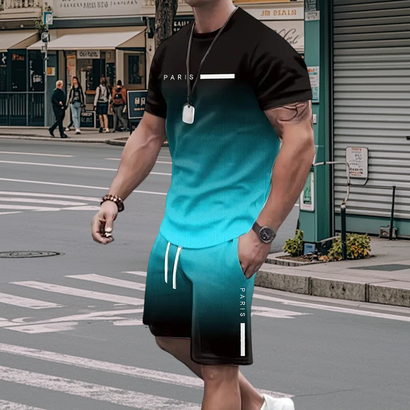 🌈 LIMITED-TIME 50% OFF! 👕 Men's Gradient Color 2-Piece Set – T-Shirt & Shorts, Breathable, Relaxed Fit 🩳