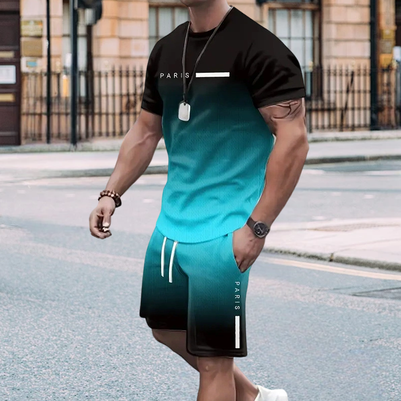 🌈 LIMITED-TIME 50% OFF! 👕 Men's Gradient Color 2-Piece Set – T-Shirt & Shorts, Breathable, Relaxed Fit 🩳
