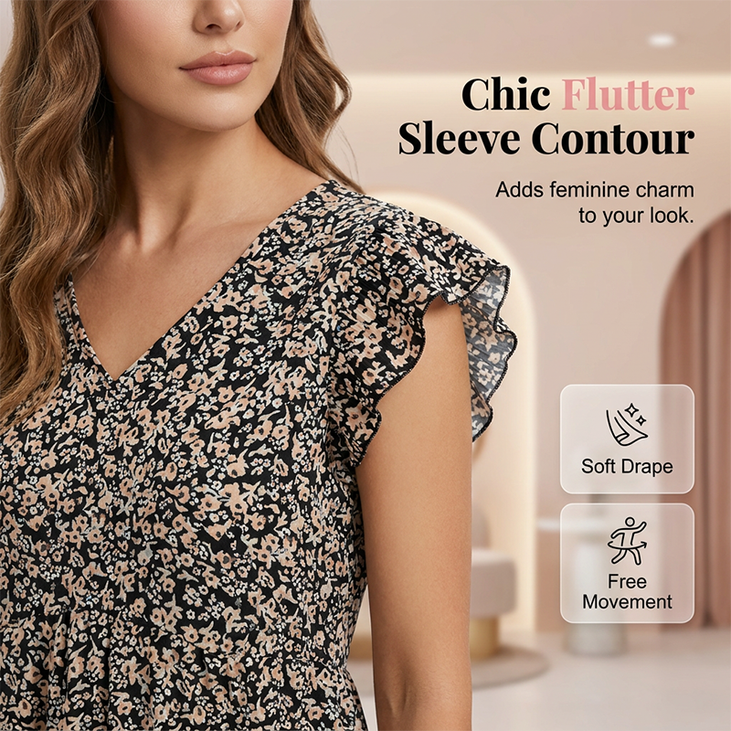 Women's Summer V-Neck Ruffle Sleeve Floral Peplum Top