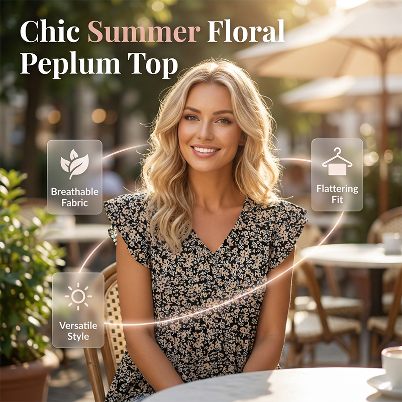 Women's Summer V-Neck Ruffle Sleeve Floral Peplum Top