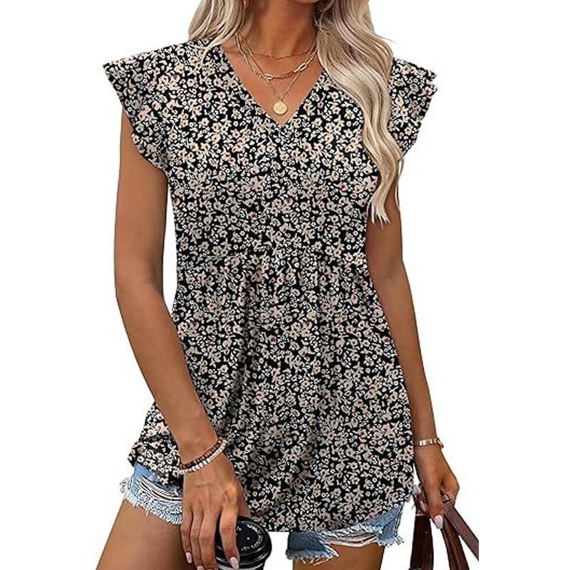 Women's Summer V-Neck Ruffle Sleeve Floral Peplum Top