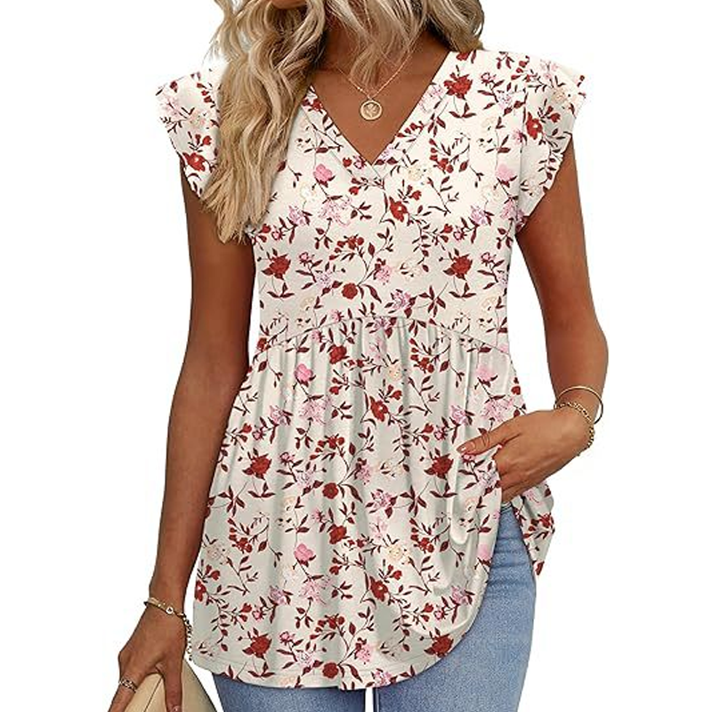 Women's Summer V-Neck Ruffle Sleeve Floral Peplum Top