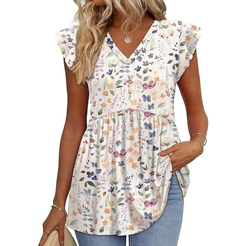 Women's Summer V-Neck Ruffle Sleeve Floral Peplum Top