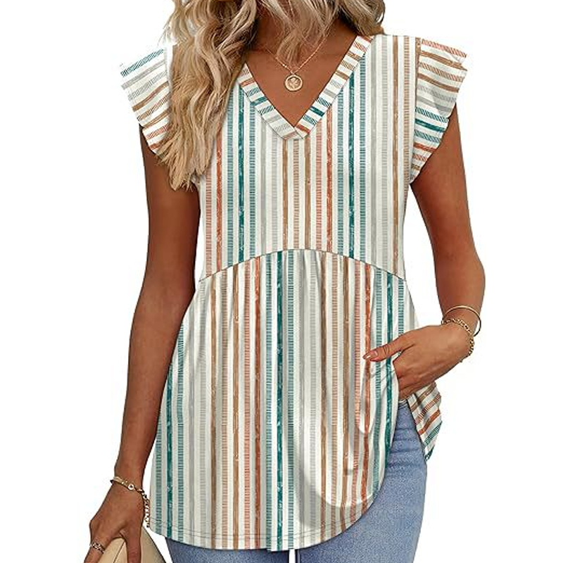 Women's Summer V-Neck Ruffle Sleeve Floral Peplum Top