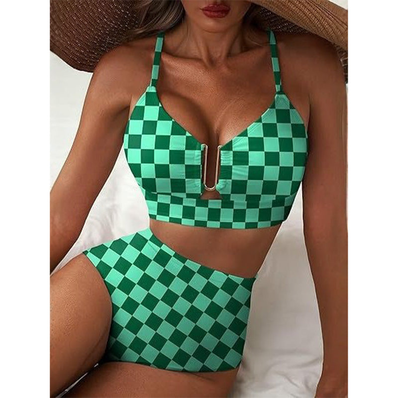 🌊High-Waisted V-Neck Bikini Set 👙✨ – Tummy Control, Criss-Cross Back, 6 Prints S-XL