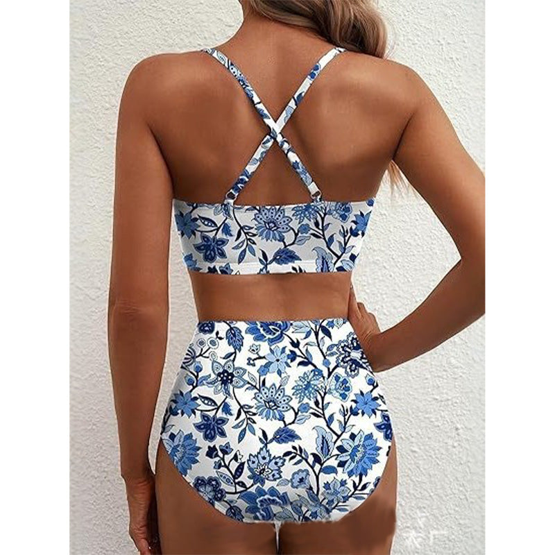 🌊High-Waisted V-Neck Bikini Set 👙✨ – Tummy Control, Criss-Cross Back, 6 Prints S-XL