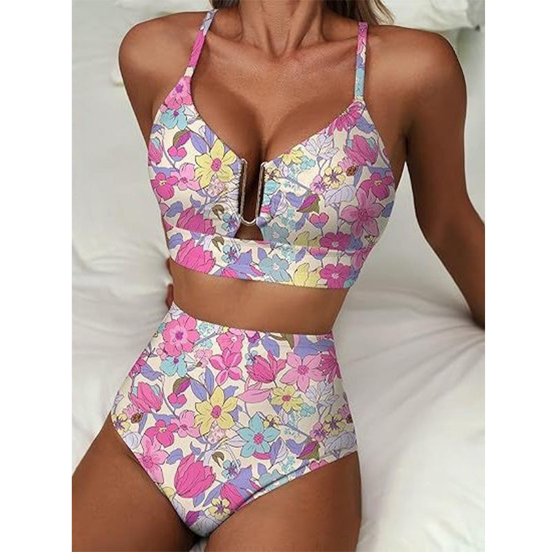 🌊High-Waisted V-Neck Bikini Set 👙✨ – Tummy Control, Criss-Cross Back, 6 Prints S-XL
