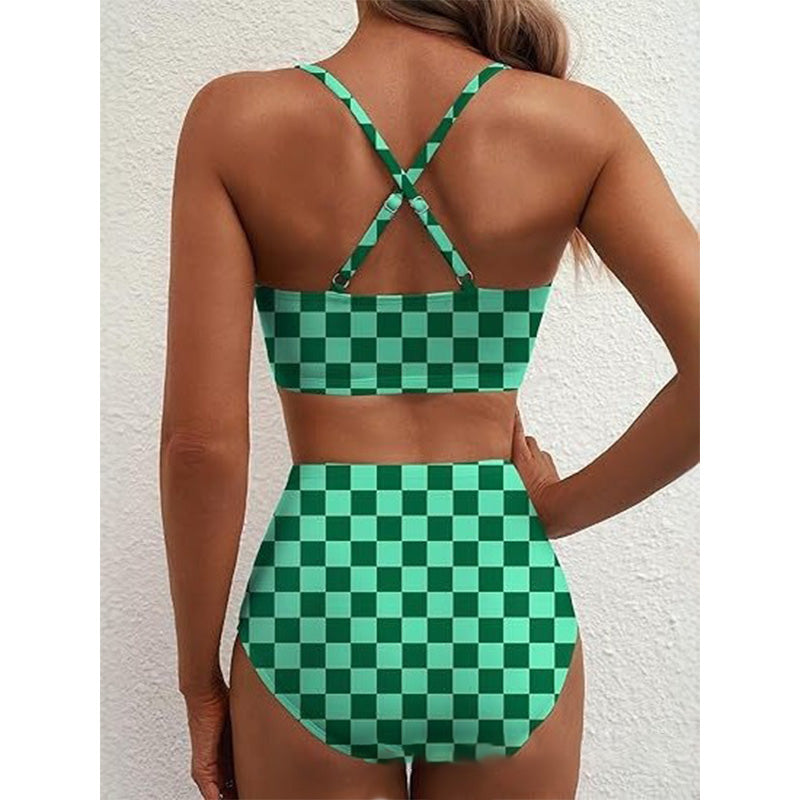 🌊High-Waisted V-Neck Bikini Set 👙✨ – Tummy Control, Criss-Cross Back, 6 Prints S-XL