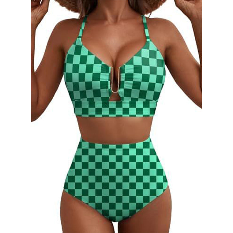 🌊High-Waisted V-Neck Bikini Set 👙✨ – Tummy Control, Criss-Cross Back, 6 Prints S-XL