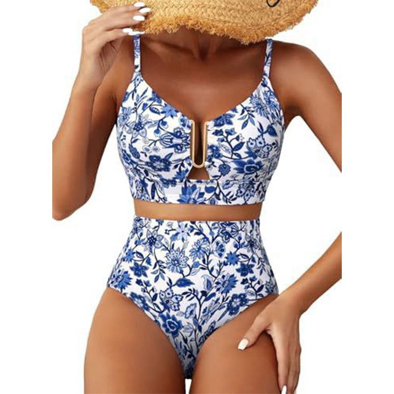🌊High-Waisted V-Neck Bikini Set 👙✨ – Tummy Control, Criss-Cross Back, 6 Prints S-XL