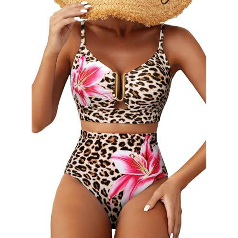 🌊High-Waisted V-Neck Bikini Set 👙✨ – Tummy Control, Criss-Cross Back, 6 Prints S-XL