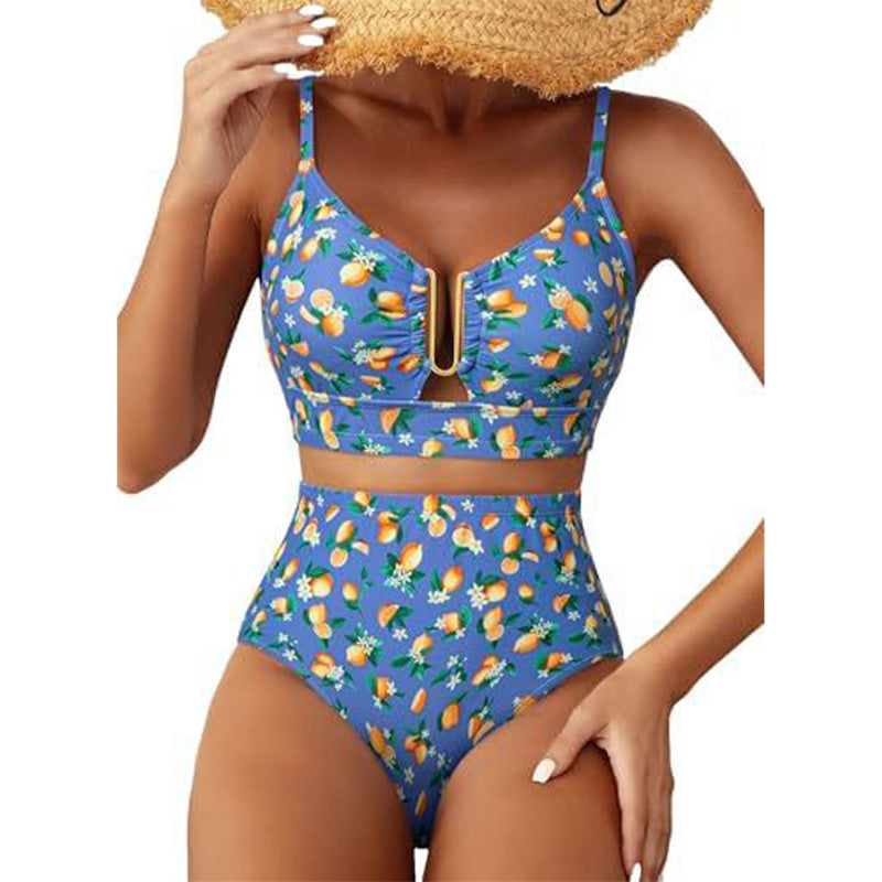 🌊High-Waisted V-Neck Bikini Set 👙✨ – Tummy Control, Criss-Cross Back, 6 Prints S-XL