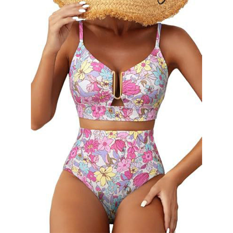 🌊High-Waisted V-Neck Bikini Set 👙✨ – Tummy Control, Criss-Cross Back, 6 Prints S-XL