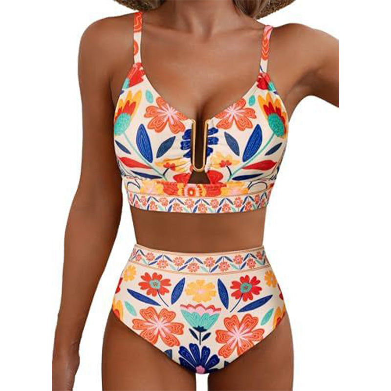 🌊High-Waisted V-Neck Bikini Set 👙✨ – Tummy Control, Criss-Cross Back, 6 Prints S-XL